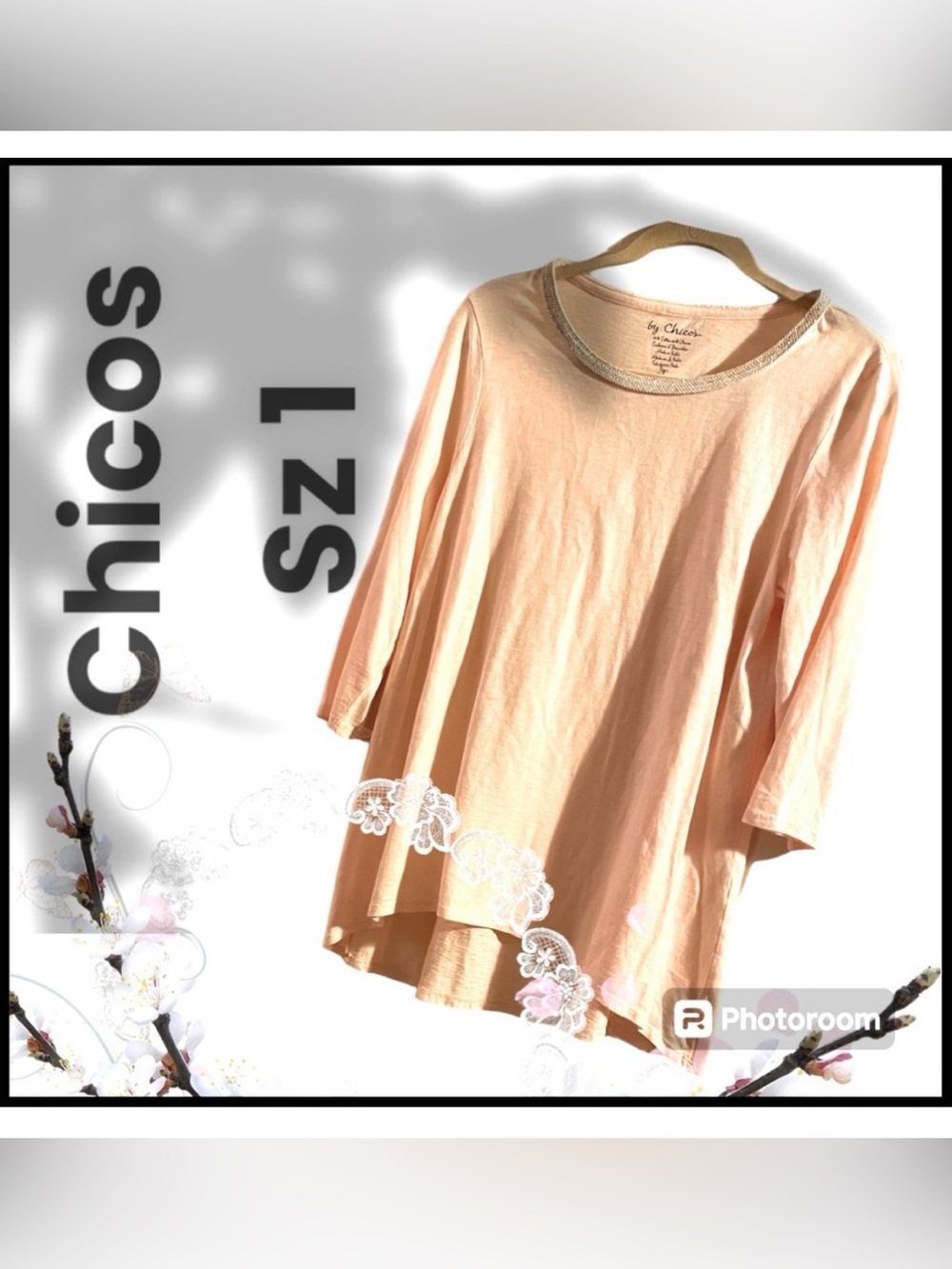 NEW~CHICOS Ladies 3/4 sleeve woven jeweled braided neckline pink TUNIC SZ 1 NWT